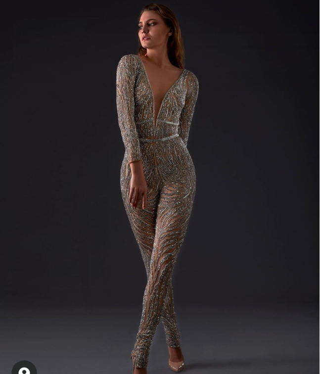 Women dress Jennifer Lawrence Transparent Sequins Jumpsuit Tube V-Neck Strapless Sexuality Kardashian Backless Silvery Miranda Kerr Lace Party