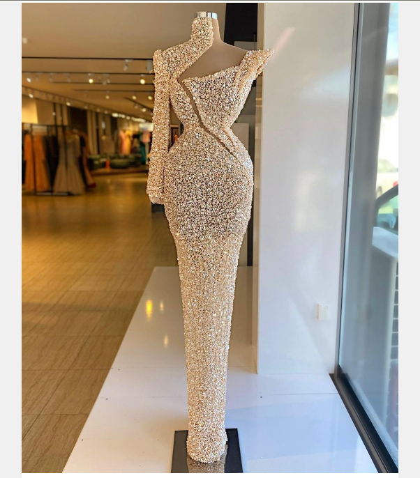 Women dress Jennifer Lawrence Mermaid High Neck Tube Sexuality Kardashian Miranda Kerr Lace White Sequins One sleeve Ankle-length Party