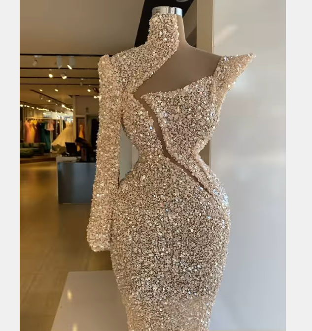 Women dress Jennifer Lawrence Mermaid High Neck Tube Sexuality Kardashian Miranda Kerr Lace White Sequins One sleeve Ankle-length Party