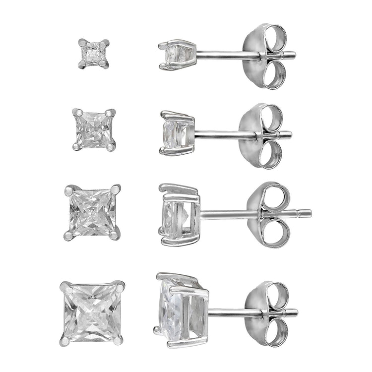 PRIMROSE Sterling Silver Cubic Zirconia Princess Cut Graduated Stud Earrings Set